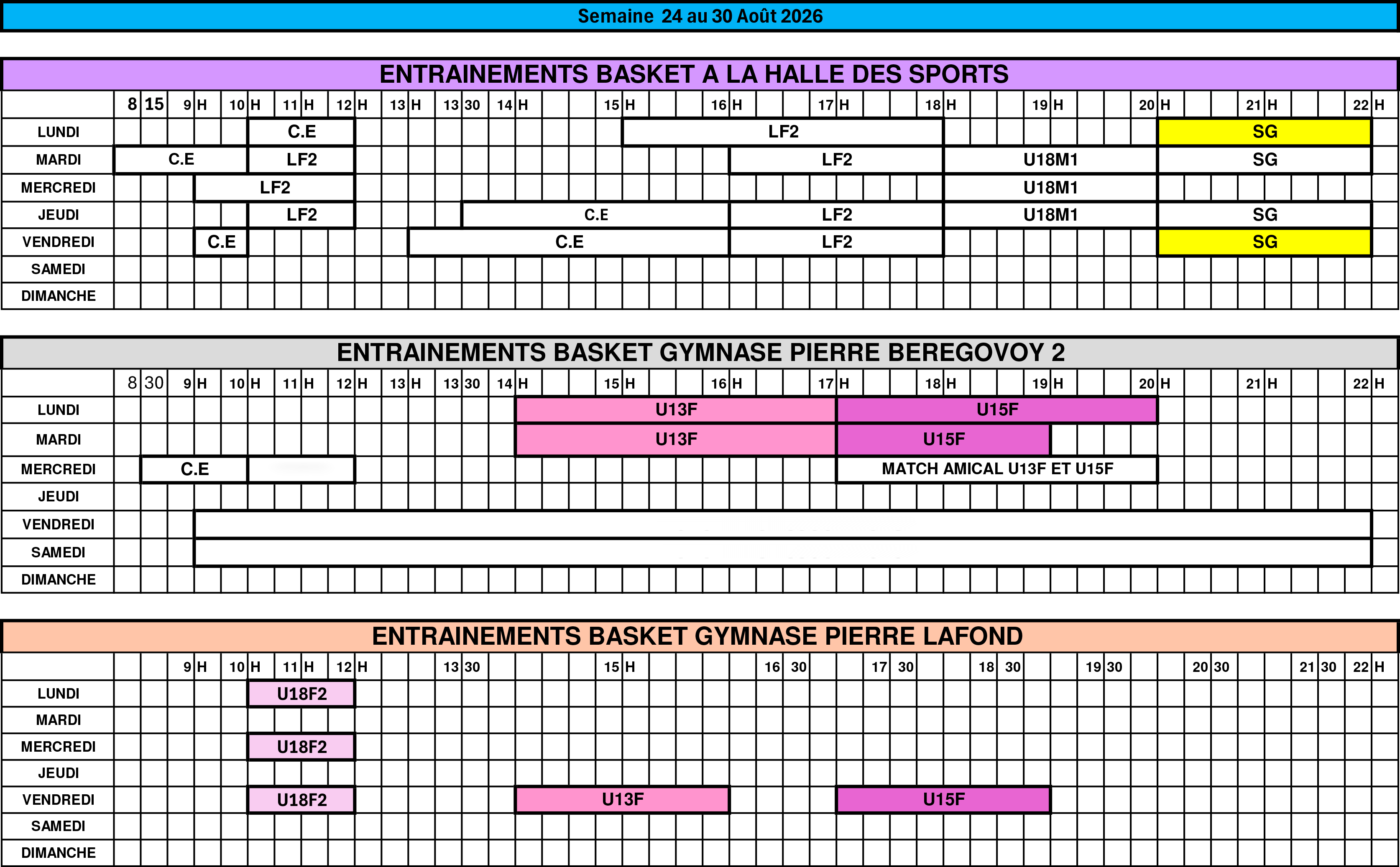 Planning reprise entraînements semaine 35