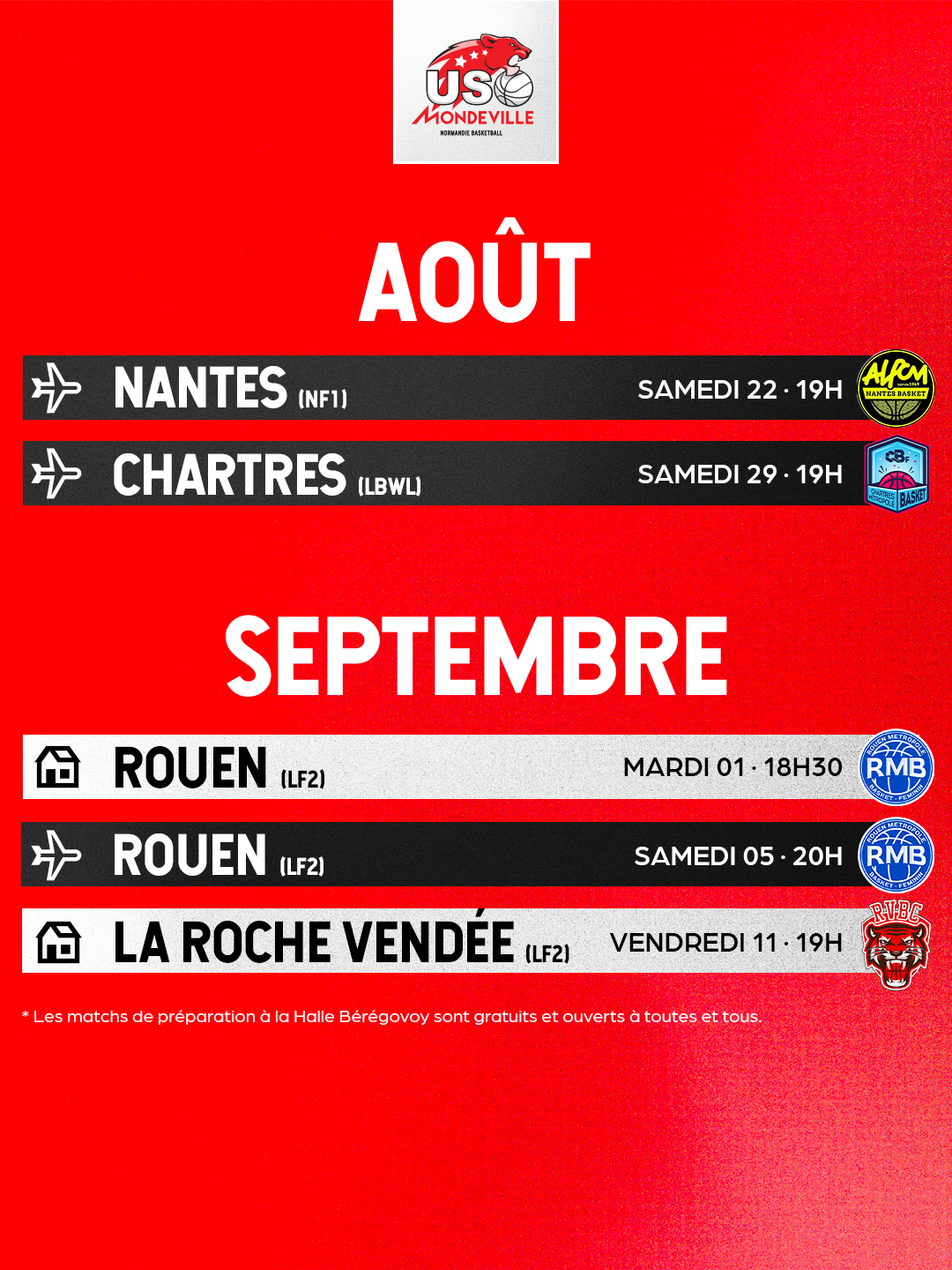 Programme des cinq matchs de préparation